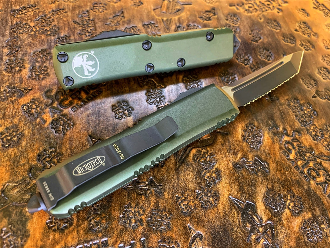 Microtech UTX85 Tanto Full Serrated OD Green