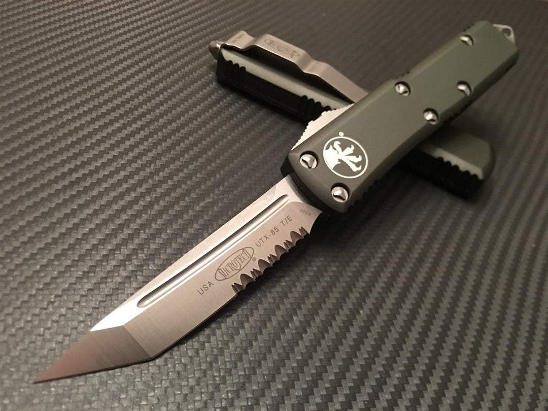 Microtech UTX85 Tanto Satin Part Serrated OD Green