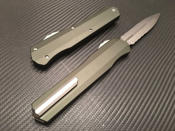 Microtech Cypher Double Edge Stonewashed Part Serrated OD Green