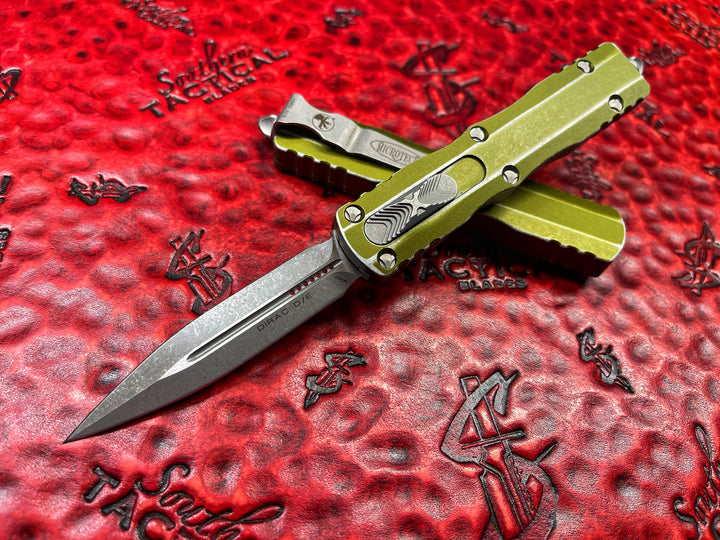 Microtech Dirac Double Edge Stonewashed Standard Distressed OD Green