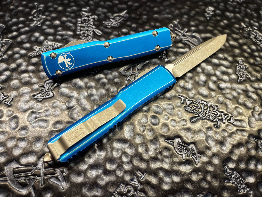 Microtech Ultratech OTF Automatic Knife Single Edge Stonewashed Standard Blue Distressed 121-10DBL