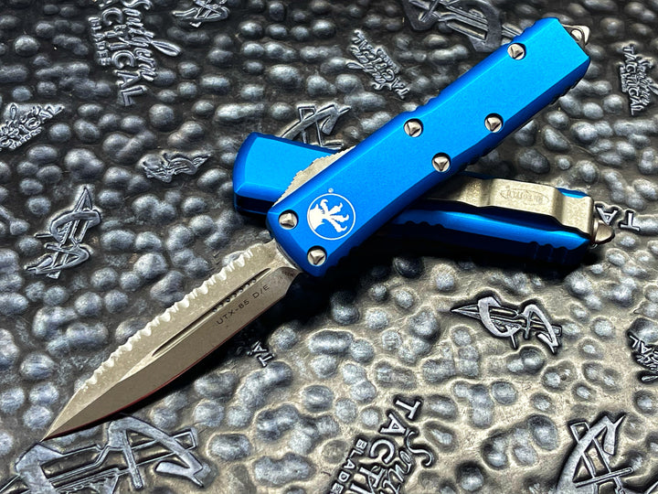 Microtech UTX85 Double Edge Apocalyptic Full Serrated Blue