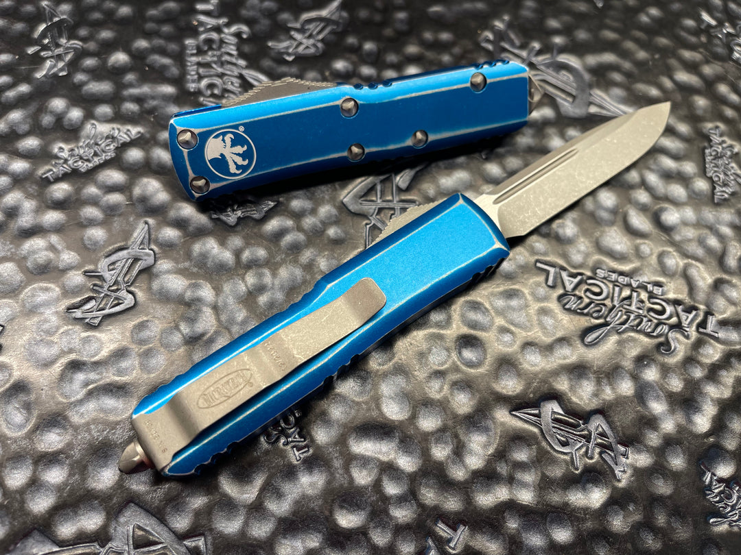 Microtech UTX-85 Single Edge Stonewashed Standard Distressed Blue