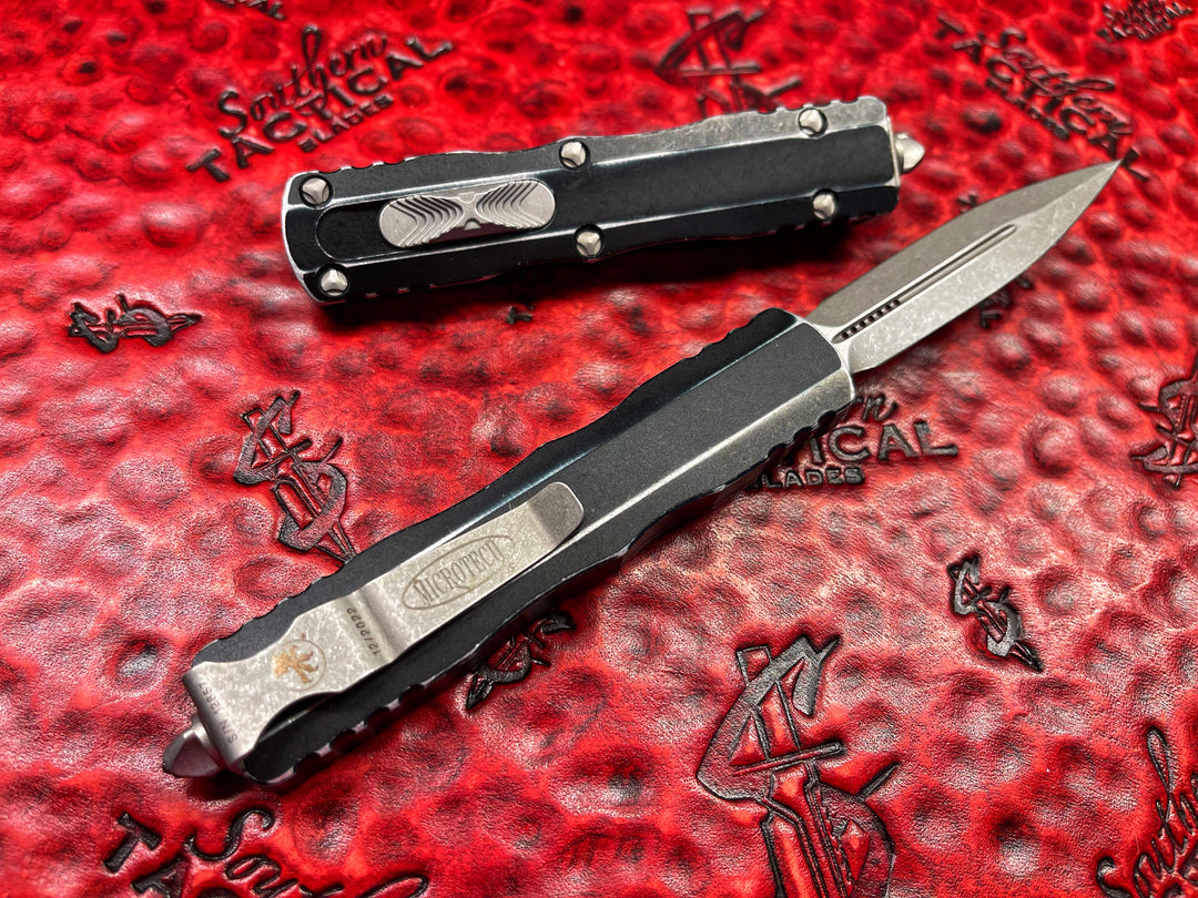Microtech Dirac Double Edge Stonewashed Standard Distressed Black