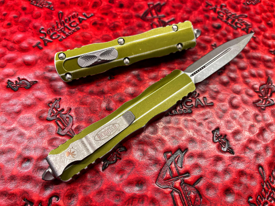 Microtech Dirac Double Edge Stonewashed Standard Distressed OD Green