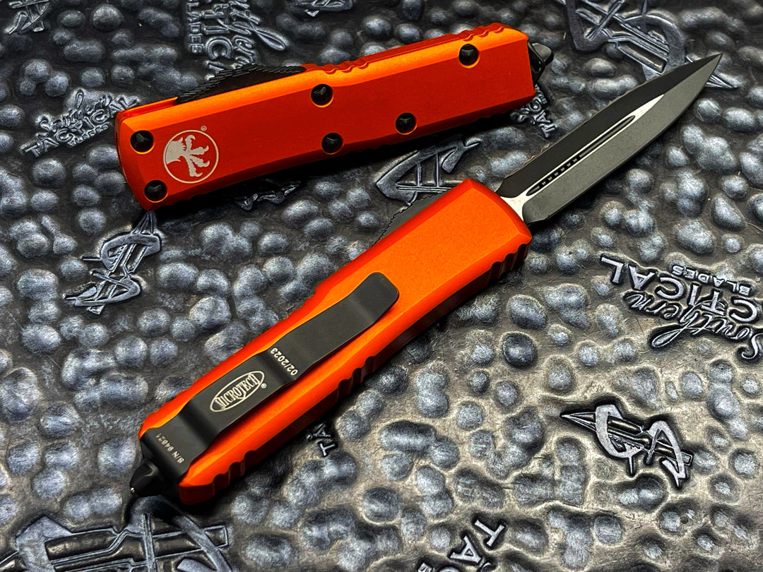 Microtech Ut85 Drop Microtech UTX85 Orange Double Edge Full Serrated OTF | Southern Blades