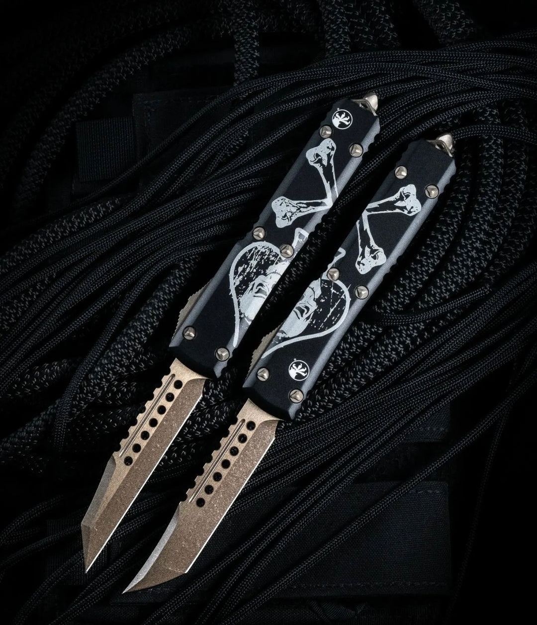Microtech Ultratech Hellhound and Warhound Death Card Apocalyptic Bronzed Signature Series Set