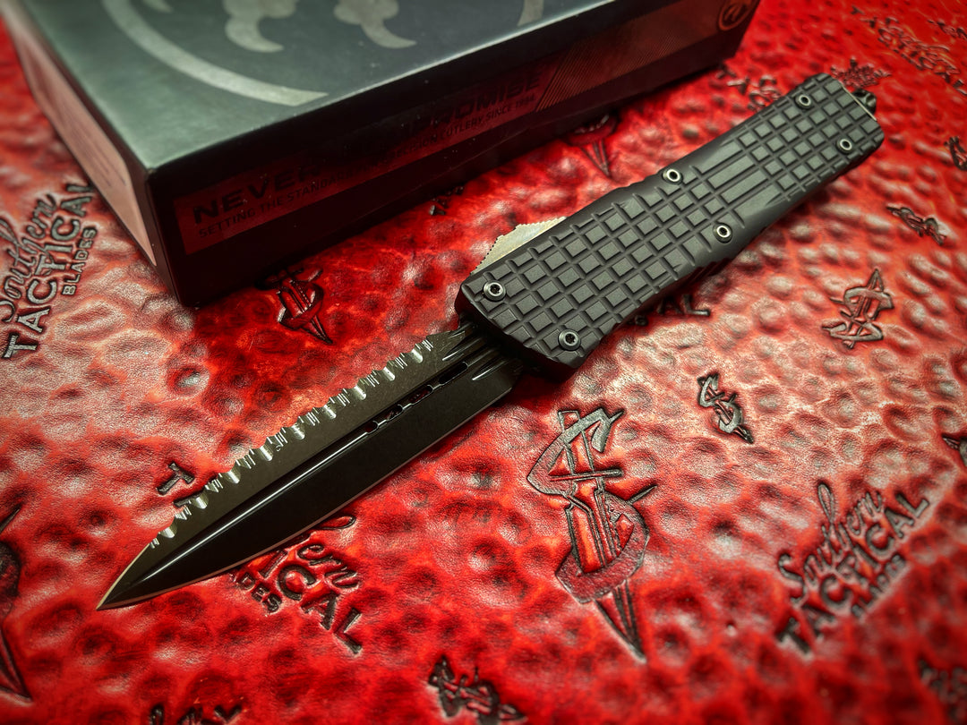 Microtech Combat Troodon Delta Double Edge Frag Shadow Full Serrated DLC w/ DLC Parts and Nickel Boron Internals (Certified Pre-Owned)