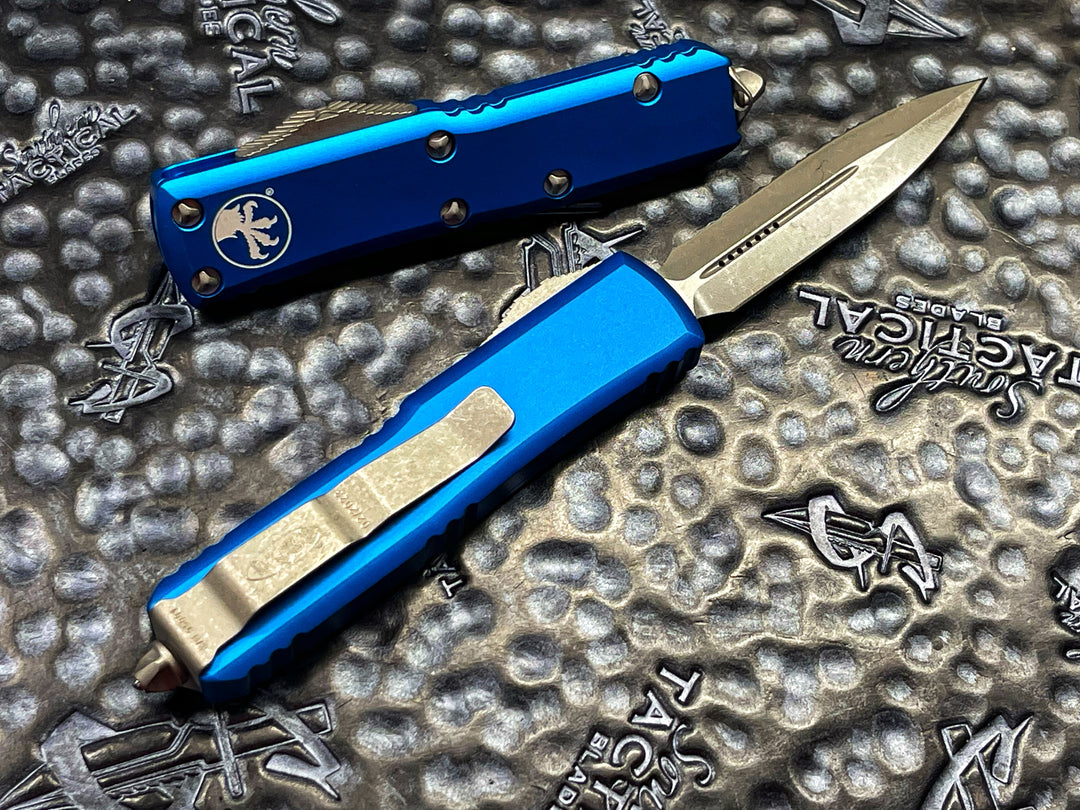 Microtech UTX85 Double Edge Apocalyptic Full Serrated Blue