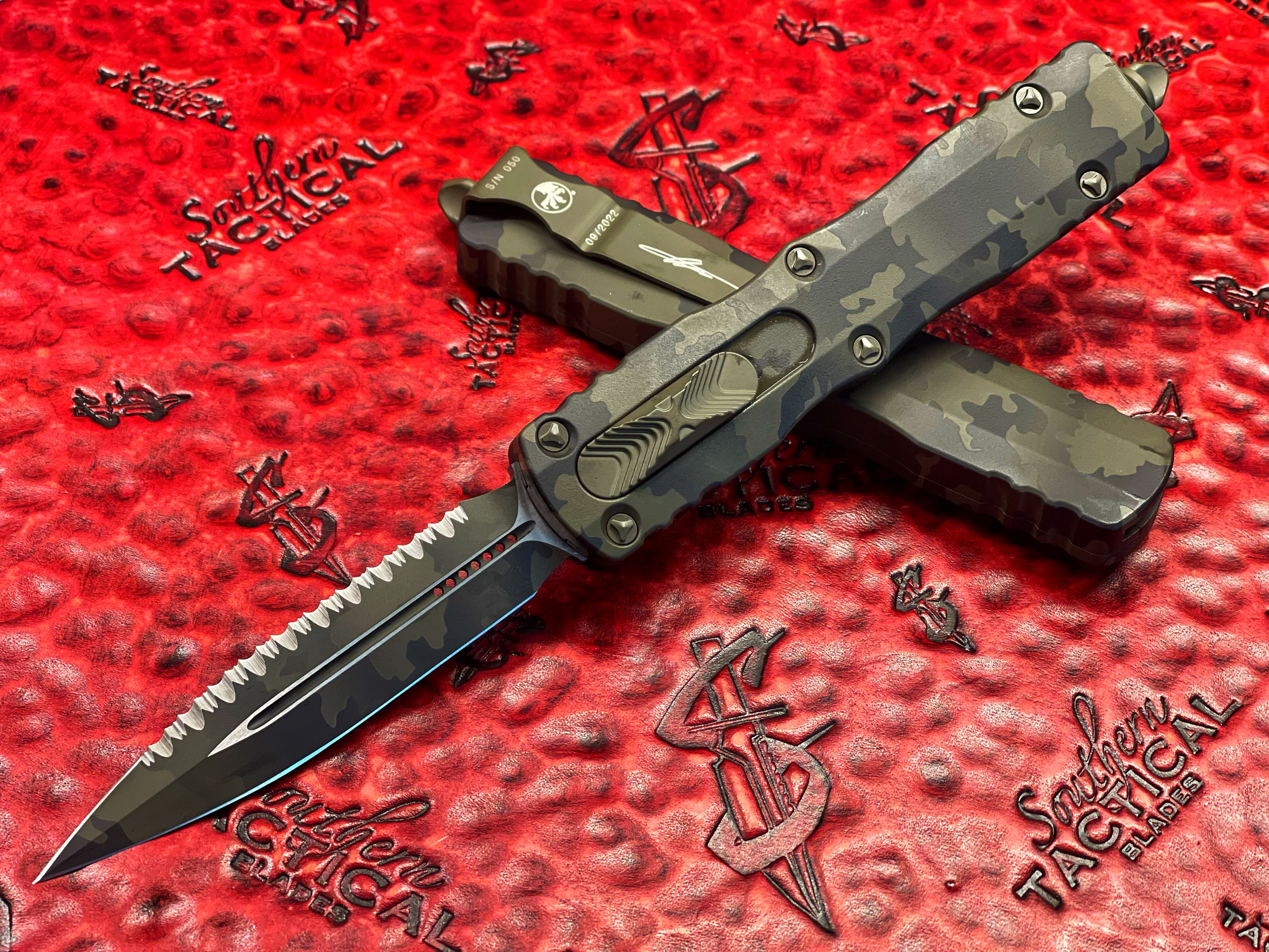 Microtech Dirac Prototype Microtech Dirac Delta Double Edge Full Serrated Olive Camo Signature S