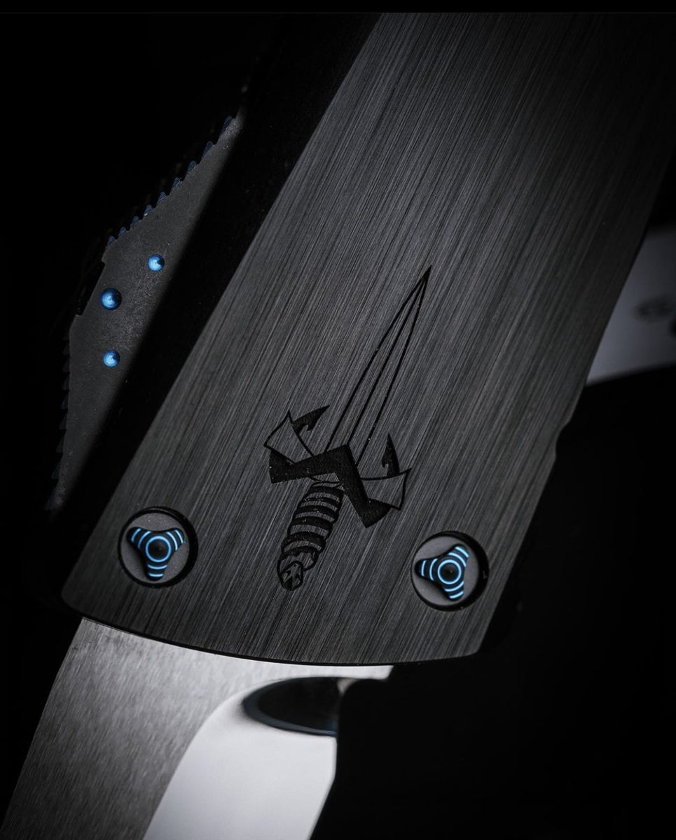 Marfione Custom Knives Combat Troodon Tanto Edge Star Grind, Mirror Polished, Blue Ringed Titanium