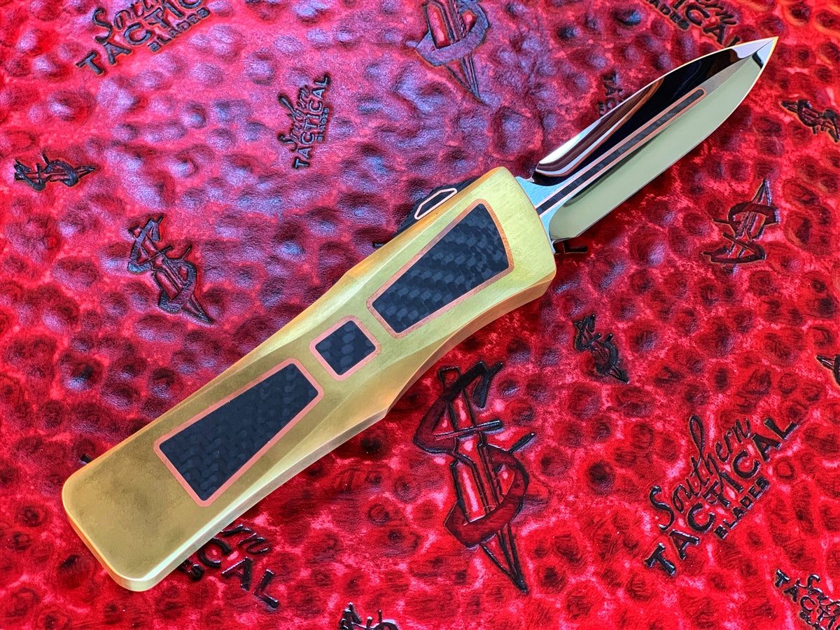 Marfione Custom Knives Combat Troodon Double Edge Mirror Polished w/ Copper Trimmed Carbon Fiber Inlay, Hand Sculpted Brass w/ Matching Inlay, Copper Ringed Hardwar. Serial #003