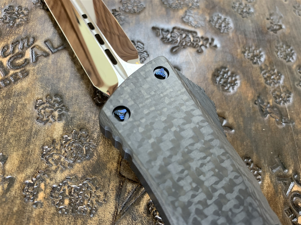 Marfione Custom Knives Combat Troodon Double Edge Mirror Polished Carbon Fiber Top Blue Ringed Titanium Accents