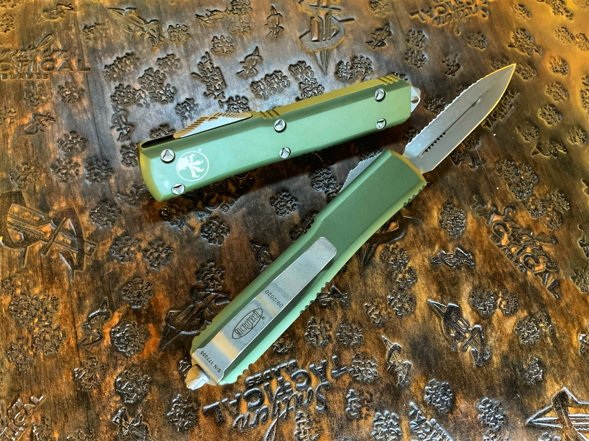 Microtech Ultratech Double Edge Full Serrated Apocalyptic OD Green
