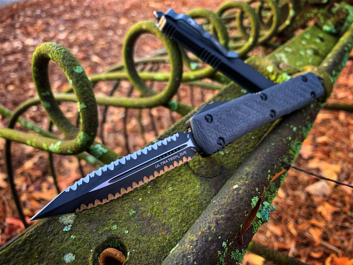 Microtech Ultratech Double Edge Double Full Serrated Carbon Fiber Top Black Tactical